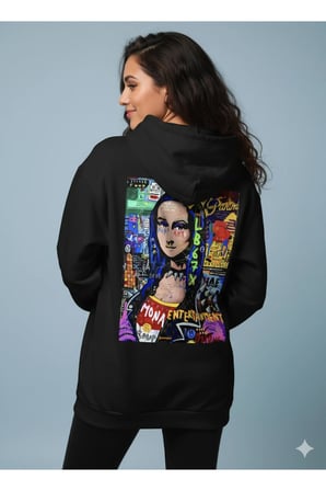 Lenithra Mona Lisa Sırt Baskılı Unisex Oversize Hoodie Siyah / M