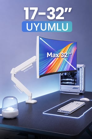 Tek Kollu Monitör Kolu VESA Uyumlu Hareket Ayarlanabilir Monitör Standı 17-32" 9KG Kapasite Beyaz