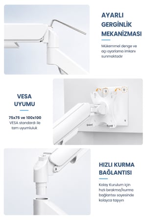 Tek Kollu Monitör Kolu VESA Uyumlu Hareket Ayarlanabilir Monitör Standı 17-32" 9KG Kapasite Beyaz