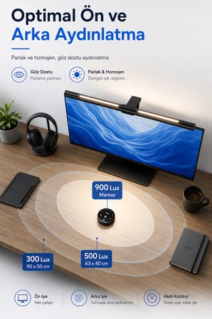 Aura-Pro Monitör Pc Lambası Ön-Arka Işık Kumandalı Kademeli Parlaklık Renk Ayarlı Masa PC Ekran Işığı