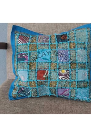 Mavi Hint İşi Patchwork Kırlent Kılıfı