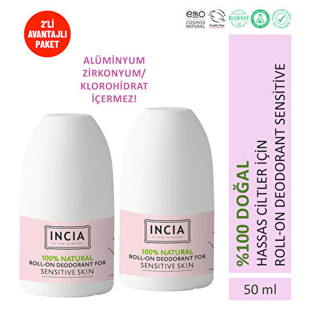 INCIA %100 Doğal Roll On Deodorant Hassas Ciltler İçin Ter Kokusu Önleyici Lekesiz 50 ml X 2 Adet