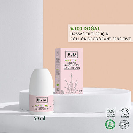 INCIA %100 Doğal Roll On Deodorant Hassas Ciltler İçin Ter Kokusu Önleyici Lekesiz 50 ml X 2 Adet