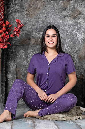 Milan Kumaş Gömlek Yaka  Kısa Kollu Kadın Pijama Takımı HomeWear