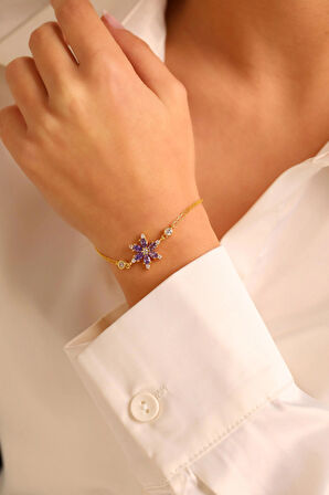 (PREMİUM IŞIKLI KUTULU) 925 Ayar Gümüş mor taşlı Lotus Çiçeği Kadın Bileklik