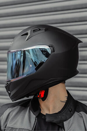 50.8 Mat Siyah Kask ( Mavi Şeffaf Cam )