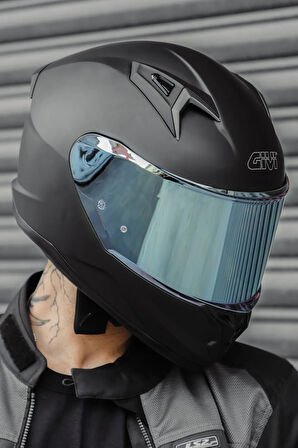 50.8 Mat Siyah Kask ( Mavi Şeffaf Cam )