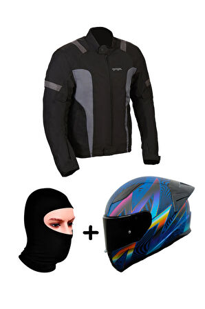 Prohel Gambıa Mont Siyah-Antrasit+RAPID 2 RACE OPTIK MAT MAVİ-MOR KASK+Prohel Balaklava Yazlık