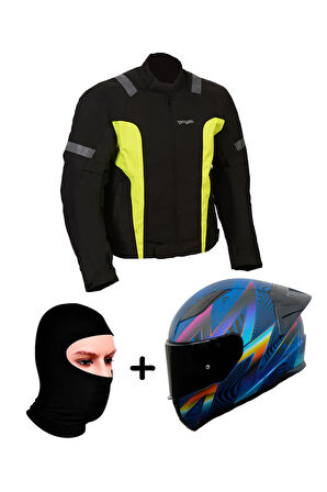 Prohel Gambıa Mont Siyah-Sarı+RAPID 2 RACE OPTIK MAT MAVİ-MOR KASK+Prohel Balaklava Yazlık