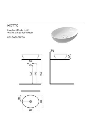 Motto Gövde Üstü Oval Deliksiz Lavabo 50 Cm