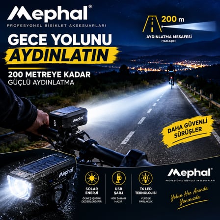 Mephal Solar + USB Şarjlı LED Bisiklet Feneri 120 dB Korna 3 Mod Su Geçirmez