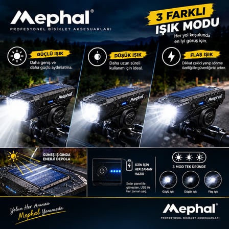 Mephal Solar + USB Şarjlı LED Bisiklet Feneri 120 dB Korna 3 Mod Su Geçirmez