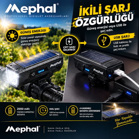 Mephal Solar + USB Şarjlı LED Bisiklet Feneri 120 dB Korna 3 Mod Su Geçirmez