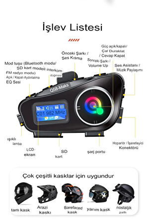 Q58-Max Radyolu 2 Kişi Bağlantılı Bluetooth Kask Kulaklık Ekranlı Fenerli Müzik Ve Telsiz Intercom
