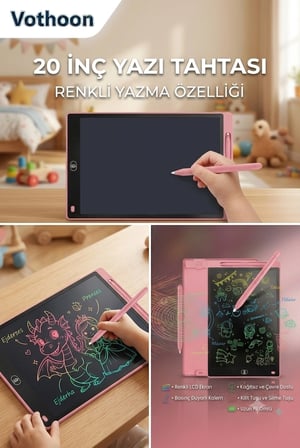 20 Inc Renkli Lcd Grafik Dijital Kalemli Çizim Tableti Yazı Tahta Not Yazma Eğitim Tableti Pembe
