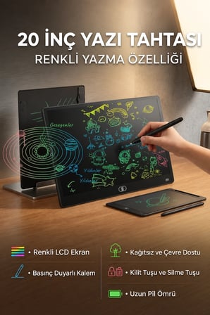 20 Inc Renkli Lcd Grafik Dijital Kalemli Çizim Tableti Yazı Tahta Not Yazma Eğitim Tableti Siyah
