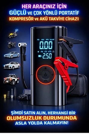 St-9650 Şarjlı 10.000 Mah Taşınabilir Araç Hava Kompresörü Akü Takviyeli Dijital Ekranlı Işıklı Çant