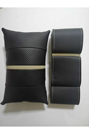 Bej Yüzüklü Karbon-noktalı Deri Direksiyon Kılıfı Ve Araç Araba Seyahat Oto Boyun Yastığı Seti