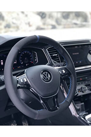 Volkswagen Troc Araca Uyumlu Özel Mavi Yüzüklü Alcantara-noktalı Deri Orijinal Direksiyon Kaplama