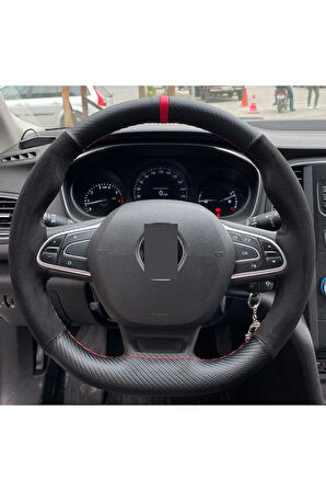 Renault Megane 4 Uyumlu Özel Kombin Süet Karbon Kırmızı Yüzüklü Dikmeli Deri Direksiyon Kılıfı