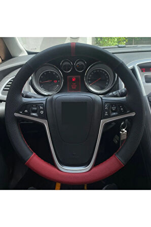 Opel Astra J Makyajsız Alt Koyu Kırmızı Nokta Damar Yüzüklü Desen Dikmeli Deri Direksiyon Kılıfı