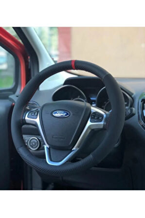 Ford Transit Araç Kırmızı Yüzüklü Karbon Nubuk Deri Direksiyon Kılıfı
