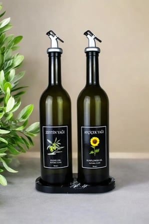 Mermer Desenli Akrilik Stantlı Amber 2'li 750 ml Zeytinyağı Sıvıyağ Şişesi Yağdanlık Yağlık