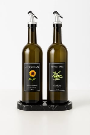 Mermer Desenli Akrilik Stantlı Amber 2'li 750 ml Zeytinyağı Sıvıyağ Şişesi Yağdanlık Yağlık