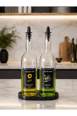 Mermer Desenli Stantlı Silikon Kapaklı 2'li Yağ Şişesi 750 ml Zeytinyağ Sıvıyağ Şişesi Cam Yağdanlık