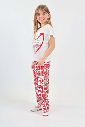 Kırmızı-Beyaz Kız Çocuk Bodrum Kalp Baskılı Takım-mrsbdrm