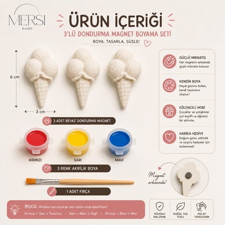 3’lü Dondurma Magnet Boyama Seti – Akrilik Boya ve Fırçalı Kendin Yap Hobi Seti