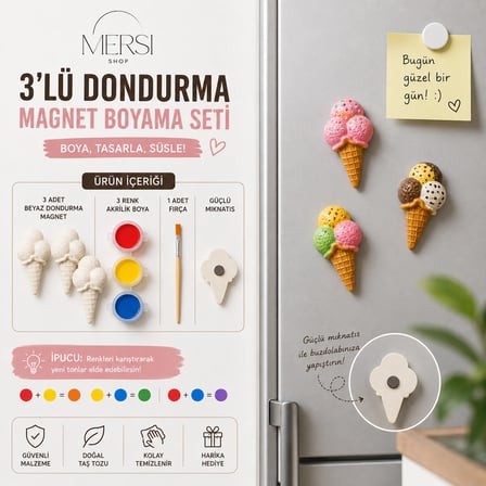 3’lü Dondurma Magnet Boyama Seti – Akrilik Boya ve Fırçalı Kendin Yap Hobi Seti
