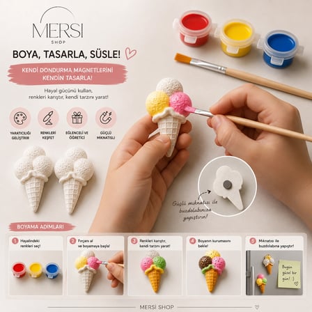 3’lü Dondurma Magnet Boyama Seti – Akrilik Boya ve Fırçalı Kendin Yap Hobi Seti