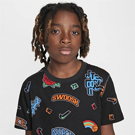 Varzity Aop Pamuklu Çocuk Siyah T-Shirt