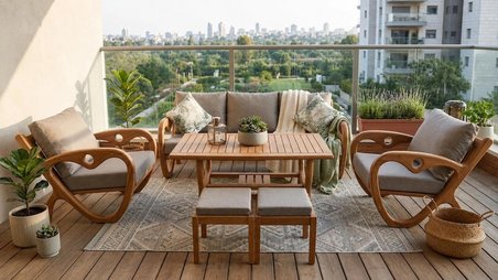 Gardenlove Masif Ahşap Bahçe Balkon Koltuk Kestane Ağacı 3+1+1 Koltuk, Masa ve Puf Takımı