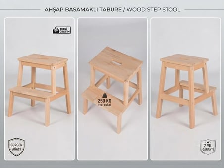 Bodur Masif Gürgen Ahşap Basamaklı Tabure Merdiven