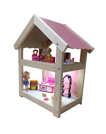 Montessori Ahşap 2 Katlı Oyuncak Bebek Evi