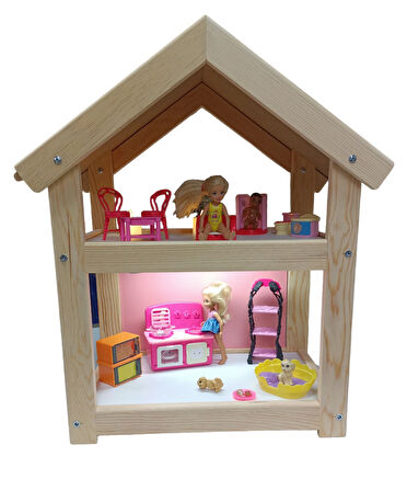 Montessori Ahşap 2 Katlı Oyuncak Bebek Evi