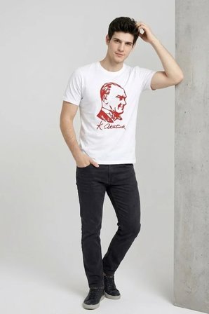 Livizmir Moda Erkek Atatürk Baskılı Tişört Kısa Kollu Bisiklet Yaka T-Shirt - Beyaz