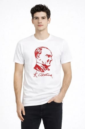 Livizmir Moda Erkek Atatürk Baskılı Tişört Kısa Kollu Bisiklet Yaka T-Shirt - Beyaz