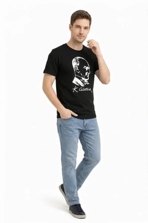 Livizmir Moda Erkek Atatürk Baskılı Tişört Kısa Kollu Bisiklet Yaka T-Shirt - Siyah