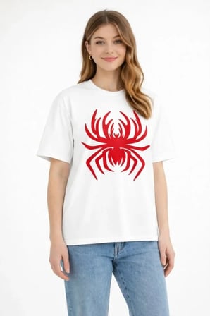 Livizmir Moda Örümcek Baskılı Tişört Kısa Kollu Bisiklet Yaka T-Shirt - Beyaz