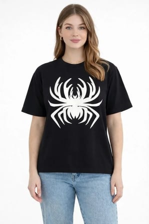 Livizmir Moda Örümcek Baskılı Tişört Kısa Kollu Bisiklet Yaka T-Shirt - Siyah