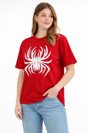 Livizmir Moda Örümcek Baskılı Tişört Kısa Kollu Bisiklet Yaka T-Shirt - Kırmızı