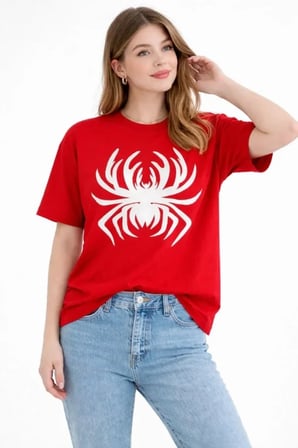 Livizmir Moda Örümcek Baskılı Tişört Kısa Kollu Bisiklet Yaka T-Shirt - Kırmızı