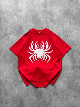 Livizmir Moda Örümcek Baskılı Tişört Kısa Kollu Bisiklet Yaka T-Shirt - Kırmızı