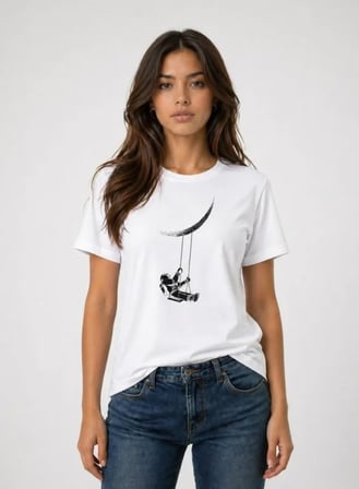Livizmir Moda Astronot Ay Temalı Tişört Kısa Kol Yazlık Bisiklet Yaka T-Shirt - Beyaz