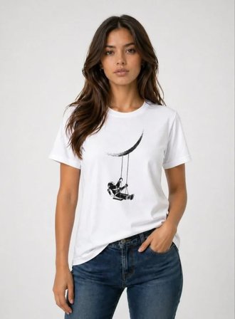 Livizmir Moda Astronot Ay Temalı Tişört Kısa Kol Yazlık Bisiklet Yaka T-Shirt - Beyaz