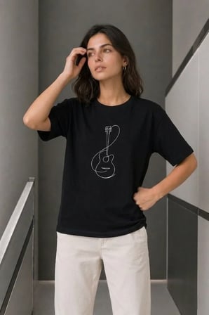 Livizmir Moda Minimal Gitar Baskılı Tişört T-Shirt Yazlık Kısa Kol Bisiklet Yaka T-Shirt - Siyah