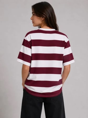 Livizmir Moda Çizgili Oversize Tişört Bisiklet Yaka Kısa Kol Yazlık T-Shirt - Bordo